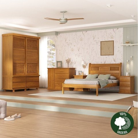 Conjunto Cama Veneziana, 2 Mesas de Cabeceiras Dubai, Cômoda Sapateira e Guarda-Roupa Veneziana Marrom/Mogno Mel