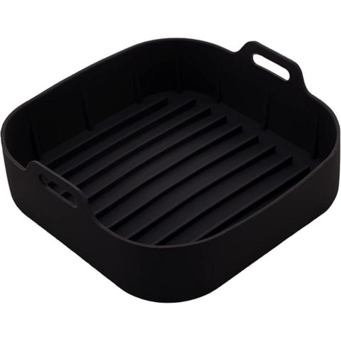 Forma Silicone Quadrada 20cm Preta Air Fryer Lyor com Alças Cesto Vasilha Forro Bandeja