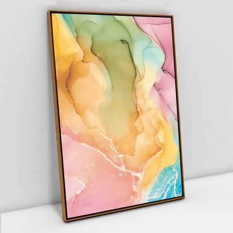 Quadro Decorativo em Canvas Abstrato Mármore Colorido TaColado Moldura Flutuante 4,5cm Freijó 120 x 