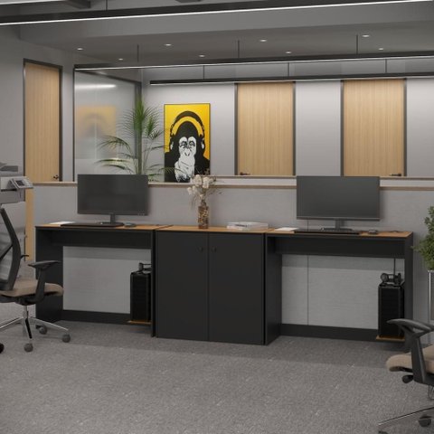 Conjunto de Escritório 3 Peças Noruega Office 2 Mesas e 1 Aparador Buffet - Via Nossa -preto e Cedro