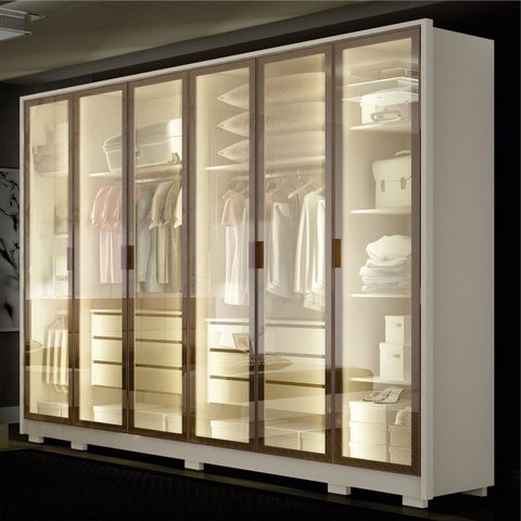 Guarda-Roupa Casal 6 Portas Reflectas com LED 6 Gavetas MDF Solare Bege/Off White