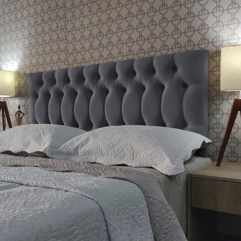 Cabeceira Cama Box Queen Capitone 1896 Suede Liso Cinza 160x60 RBL