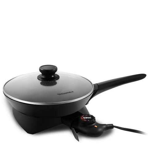 Elite Gourmet Frigideira Elétrica Redonda com Tampa e Alça, 10.5"x2" (preta)