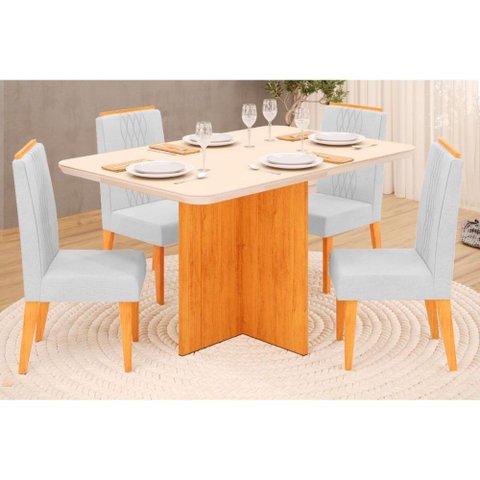 Sala de Jantar Completa Hera Tampo Madeirado C/ Vidro Reto 120x90cm e 4 Cadeiras Lia Cedro/off White