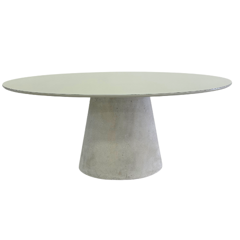 Mesa de Jantar Cone Oval 180x100 Cm Tampo Off White + Vidro Base Concreto