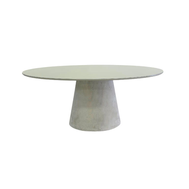 Mesa de Jantar Cone Oval 180x100 Cm Tampo Off White + Vidro Base Concreto Mesa de Jantar Cone Oval 180x100 Cm Tampo Off White + Vidro Base Concreto