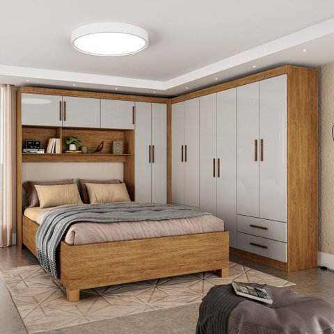 Guarda-roupa Casal Modulado com Cama Hércules 11 Portas 6 Gavetas Cinamomo/off White - Carioca Móvei