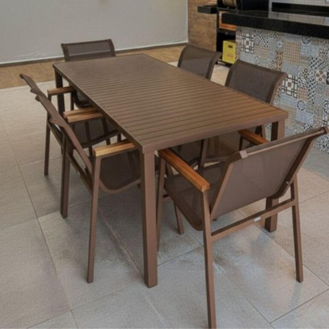 Jogo de Mesa Ripada 6 Cadeiras Praia de Jardim Piscina Jantar Marrom