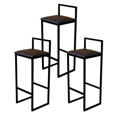 Jogo 3 Banqueta Alta Cozinha Bar Balcão Bistrô Industrial Preta Estofado Marrom