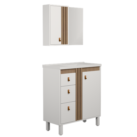 Conjunto Gabinete e Espelho para Banheiro com Pé 80 Cm Ariel