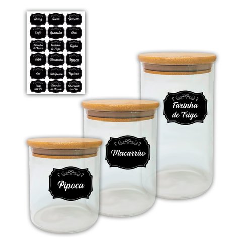 KIT POTE MANTIMENTOS TAMPA BAMBU 550 + 750 + 950 ML BOROSILICATO + RÓTULOS ZAHAV 51729