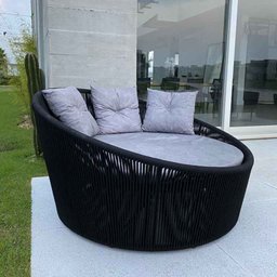 Chaise Palmeira Em Corda Náutica Preta - Tecido Linus Mescla Cinza Claro - 2