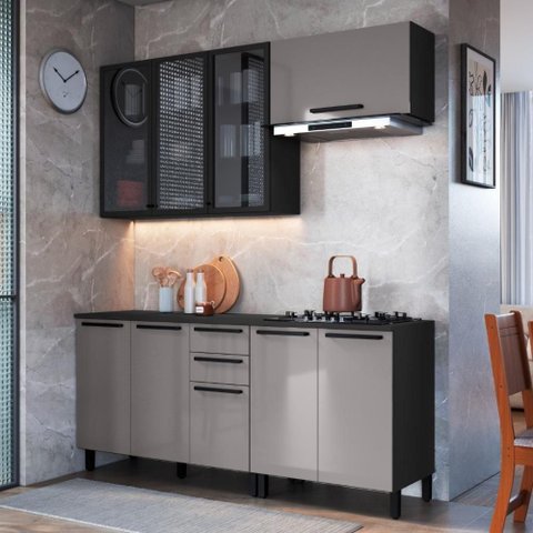 Armário de Cozinha Modulada Completa Mônaco 8 Portas 3 Gavetas 200cm Chumbo Titânio Fidelita Mó
