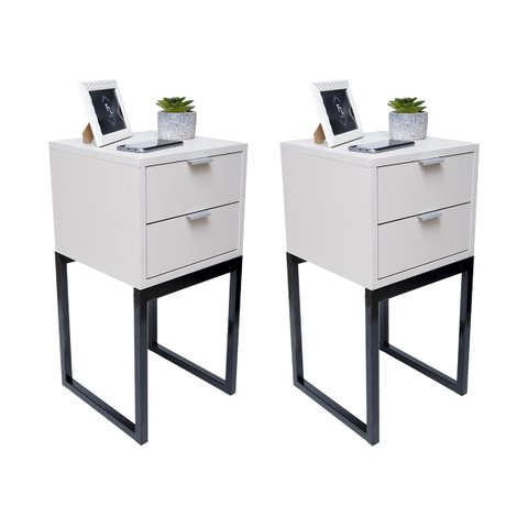Kit 2 Mesas Cabeceira Industrial 30cm Branco Eco 2 Gavetas Base Metal Preto Lateral Cama