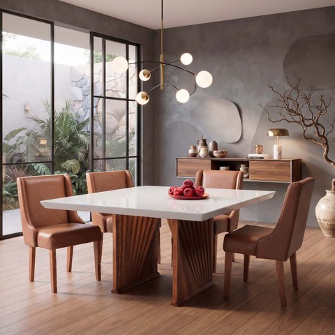 Mesa Jantar Base Madeira Maciça Quadrada 140 cm Tampo com Vidro Mesa Moderna Madeira