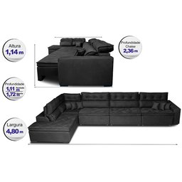Sofá de Canto 4.80x2.36m Retrátil e Reclinável com Molas Cama inBox Platinum Esquerdo Suede - 2