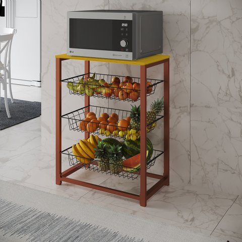 Fruteira com Suporte para Micro-ondas Barcelona Aço Cobre Cesto Preto Tampo Canela