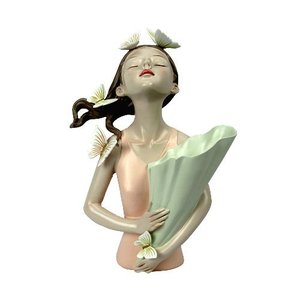 Escultura Estatueta Objeto Decorativo Mulher Em Poliresina Borboletas Rosa - 31x21,5x14,5cm