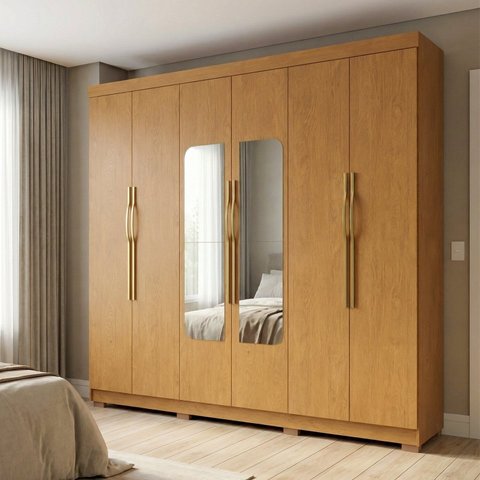 Guarda-Roupa Casal 6 Portas 6 Gavetas com Espelho em MDF Milano Marrom/Cerejeira