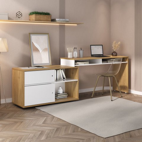 Escrivaninha L Havana Pc Retrátil Flexível 2 Portas Correr Olmo Branco Escritório Home Office