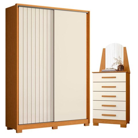 Guarda Roupa Solteiro Frizatto 02 Portas de Correr e Cômoda New Veneza Cinamomo Off White - Móveis a