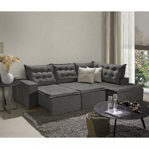 Sofá de Canto Retrátil Reclinável 4 Lugares Yescasa Veludo Cinza Montana Pés de Madeira