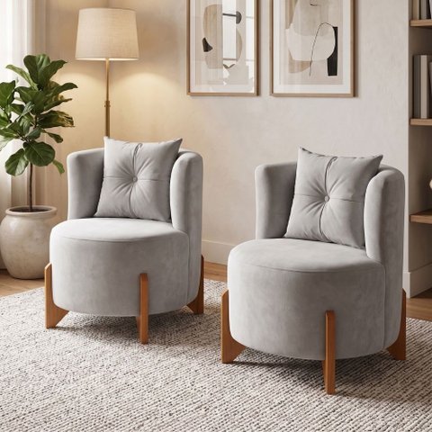 Kit 2 Poltronas Orgânica Curva Luna Veludo Cinza Claro - Montanaris Decor