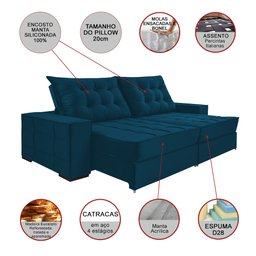 Sofá Retrátil e Reclinavel com Molas Ensacadas e Molas Bonnel Londres 2,90m Veludo Azul - 2