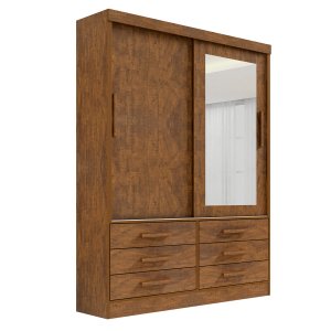 Guarda Roupa Solteiro 2 Portas e 6 Gavetas com Espelho Cor:ypê