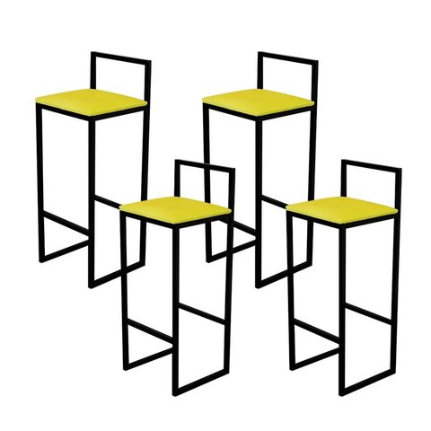 Jogo 4 Banqueta Alta Cozinha Bar Balcão Bistrô Industrial Preta Estofado Amarelo