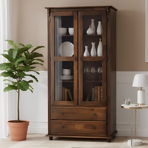 Cristaleira Rústica de Madeira 2 Portas e 2 Gavetas com Pés Torneados - Imbuia Glazer