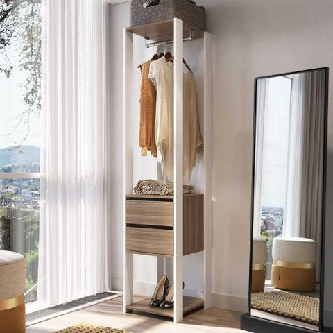 Estante para Quarto com Cabideiro em Aço e 2 Gavetas 1,83 M Cor:branco