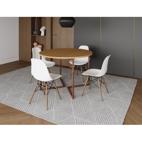 Mesa Industrial Base Ferro Cobre em V Tampo 110cm Canela 4 Cadeiras Eames Madeira Assento Branco