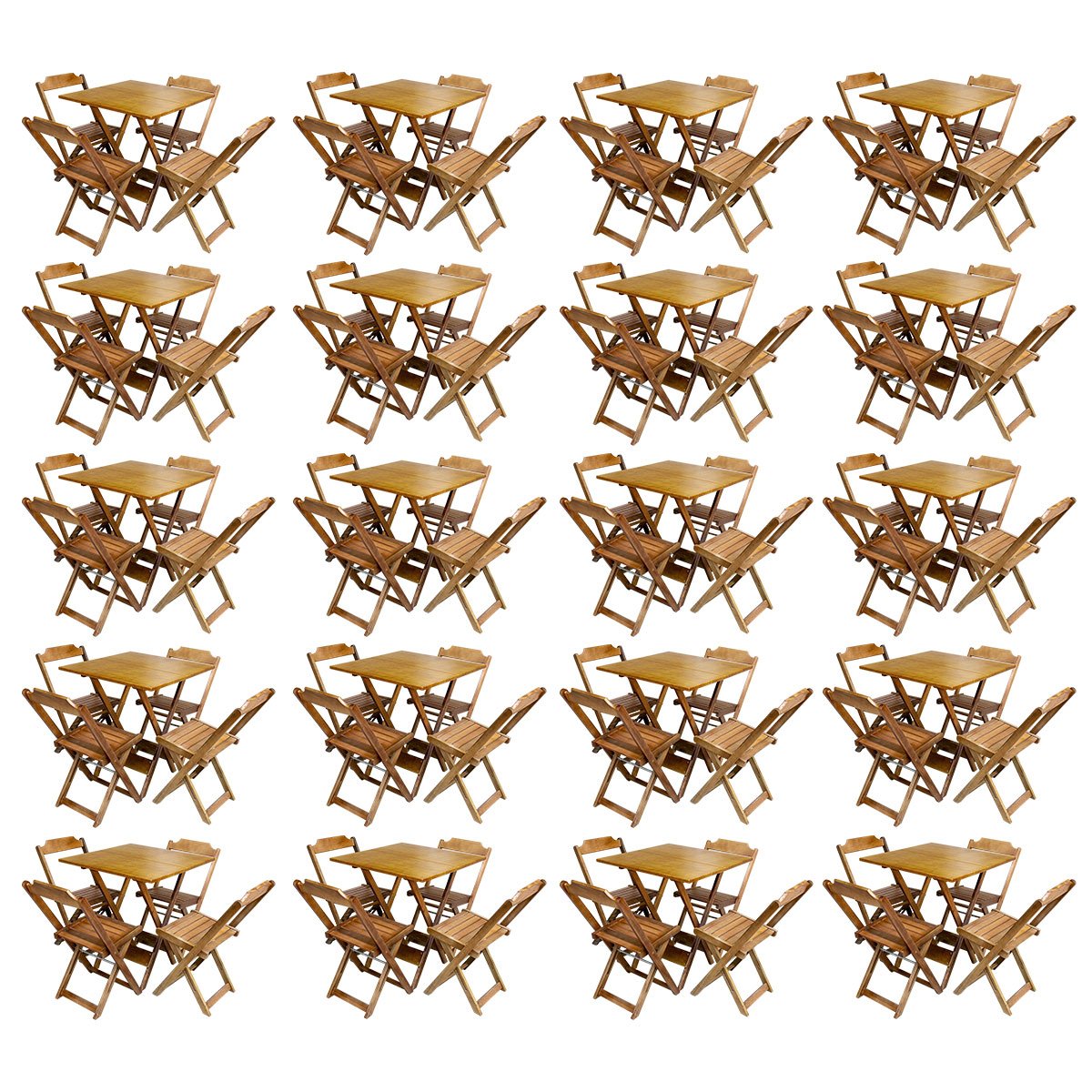 Kit 20 Jogos de Mesa com 4 Cadeiras de Madeira Dobrável 60x60 Ideal para Bar e Restaurante - Mel