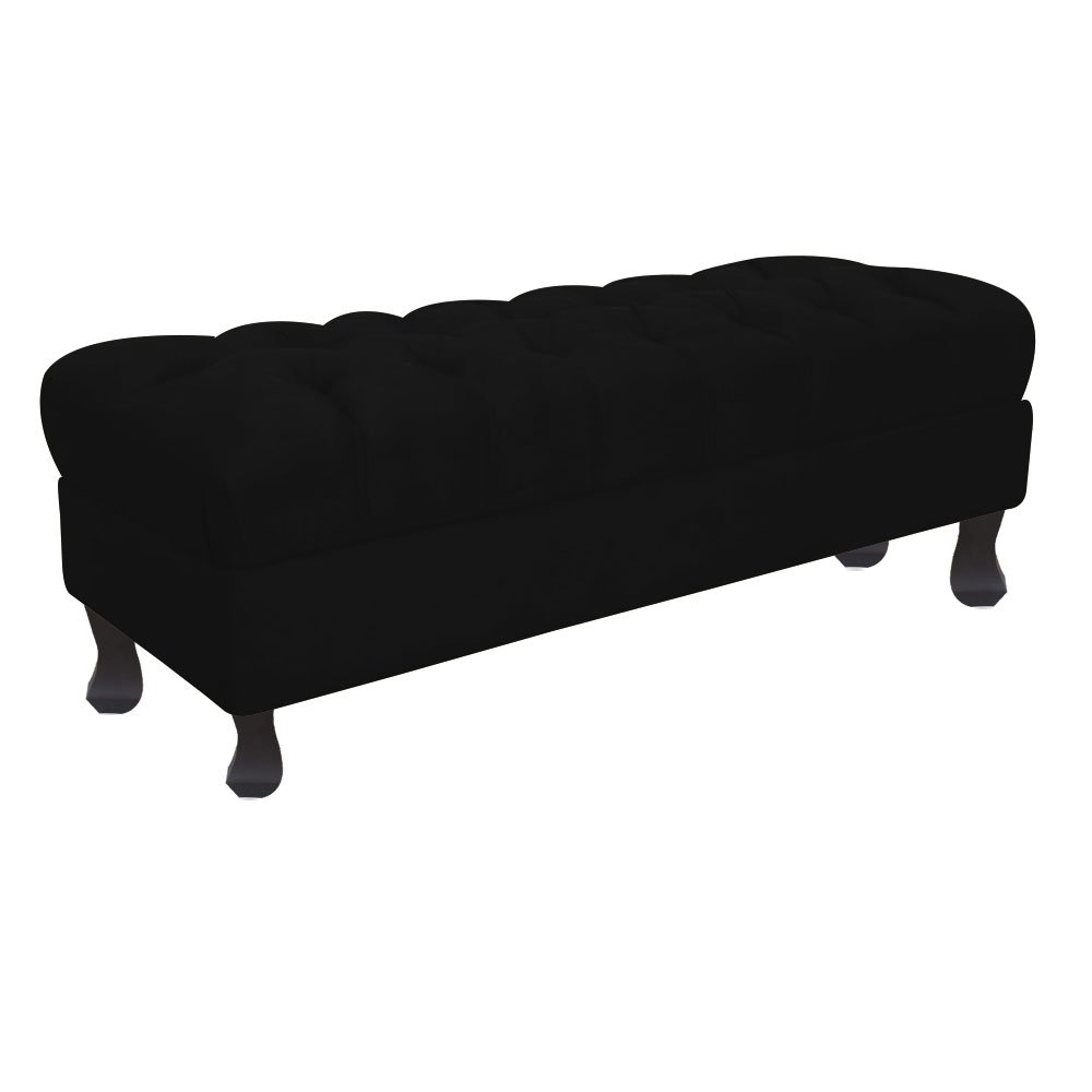 Recamier Baú Luis Xv Capitonê Retrô 140cm Suede Preto Pés Madeira Ms Decor