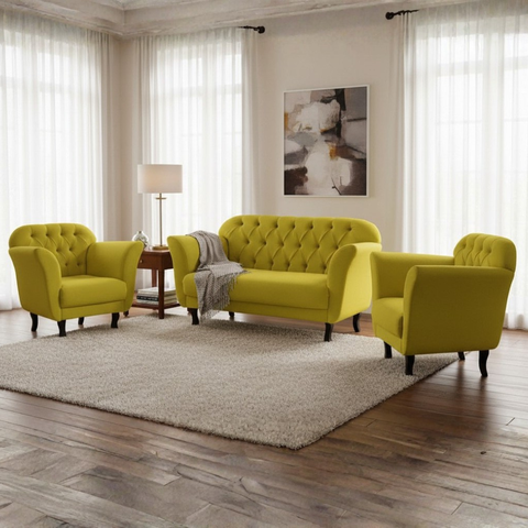 Kit Namoradeira + 2 Poltronas Decorativa Dália Veludo Amarelo