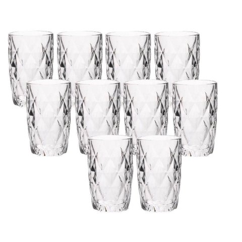 Jogo 10 Copos de Vidro Diamond Diamante Transparente Resistente 400ml em Casa Tem