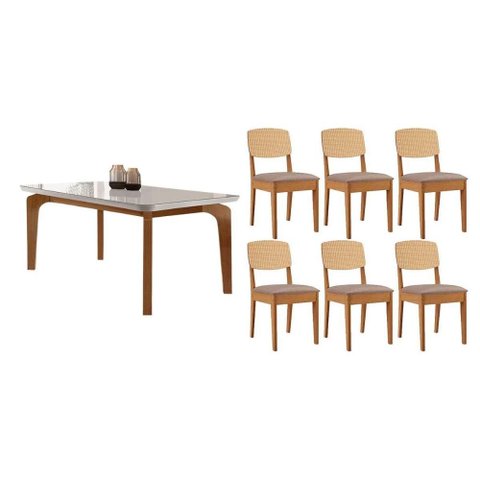Conjunto: Mesa de Cozinha Londrina Tampo c/ Vidro Curvo 180cm+6 Cadeiras Havana Naturale/Off White
