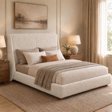 Cama Japonesa com Cabeceira Seo Louvre Queen Bouclé Off White - Sallar Home