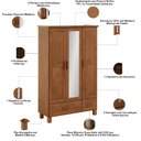 Ver imagem 5 de Guarda Roupa Solteiro com Espelho 3 Portas 2 Gavetas Madeira Maciça Selena F06 Castanho - Lyam