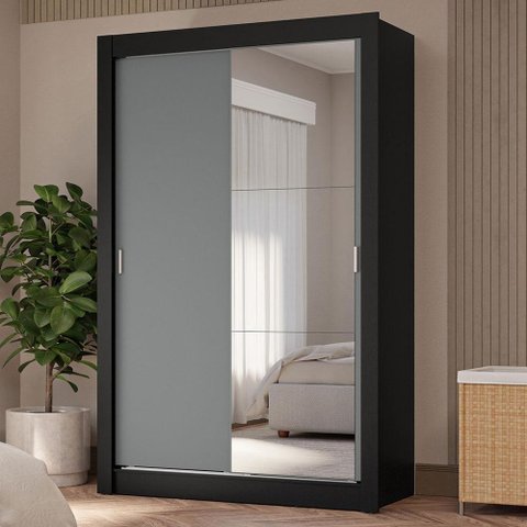 Guarda-roupa Solteiro 2 Portas de Correr com Espelho 4 Gavetas Preto/cinza Vivare Plus Madesa Preto/