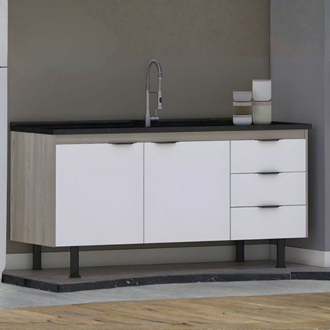 Gabinete de Cozinha 2 Portas Armário 100% MDF Multiuso 144cm:Madeirado/Branco