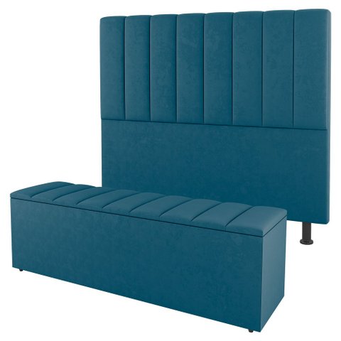 Kit Cabeceira e Baú Cama Box Queen Size Cora 160cm Suede Turquesa - Abmaza