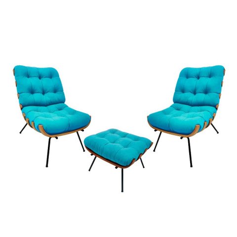 Kit 02 Poltronas e 01 Puff Costela Suede Azul Turquesa