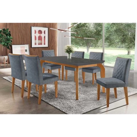 Conjunto: Mesa Sala Jantar Londrina C/ Tampo Madeirado C/ Vidro Canto Curvo 180x90cm e 6 Cadeiras