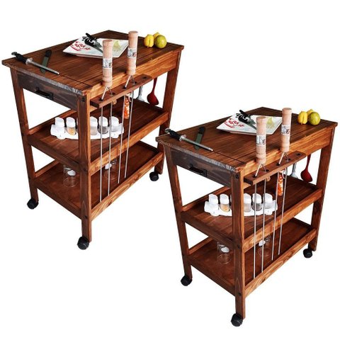 Kit 2 Carrinhos de Churrasco Mesa Churrasqueira Imbuia