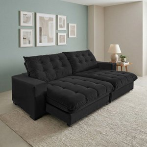 Sofá Califórnia Retrátil e Reclinável 3 Lugares 2,10m com Molas Ensacadas e Pillow Preto