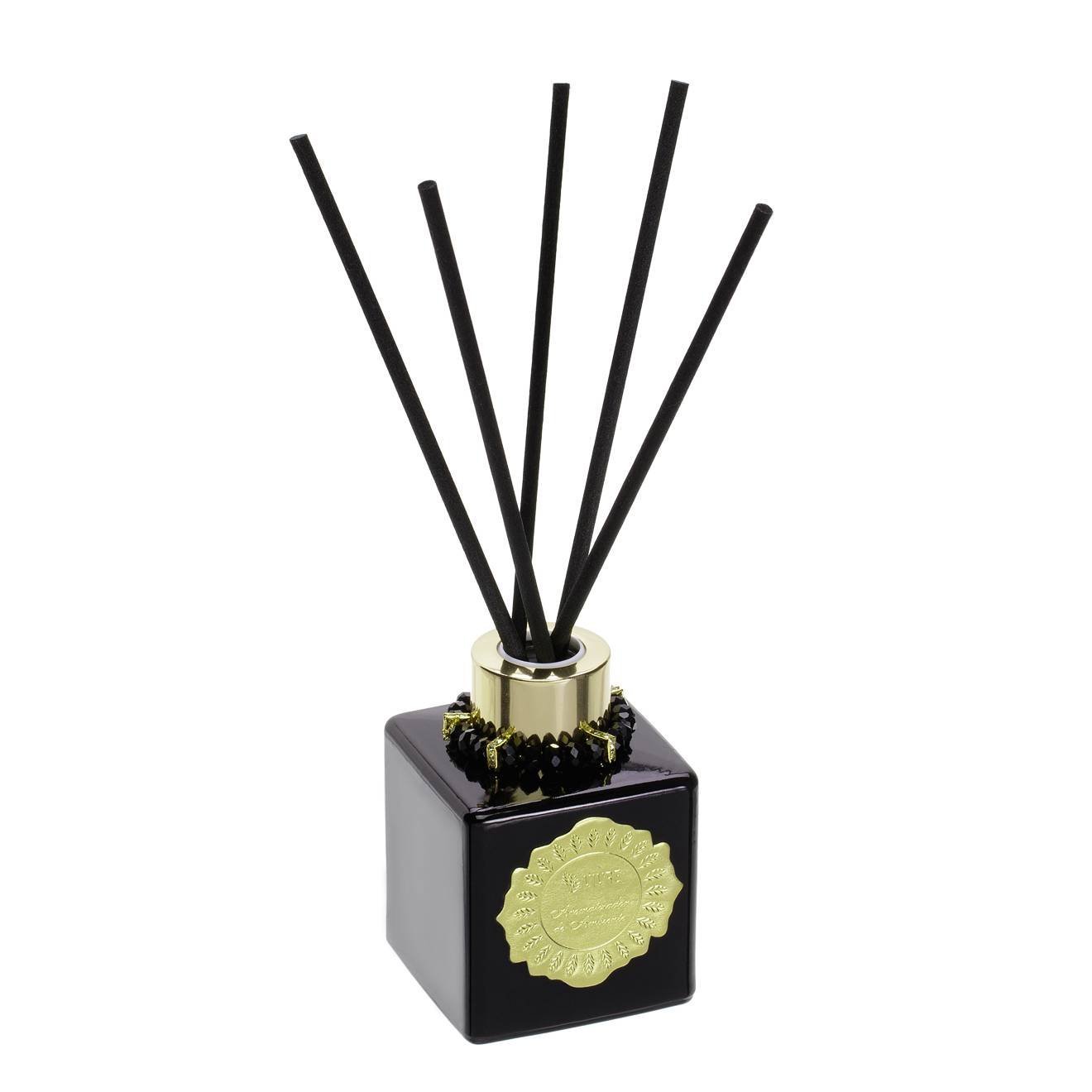 Difusor de aromas vidro preto 100ml enfeites dourados - Fragrância: Flor de Cerejeira - 1