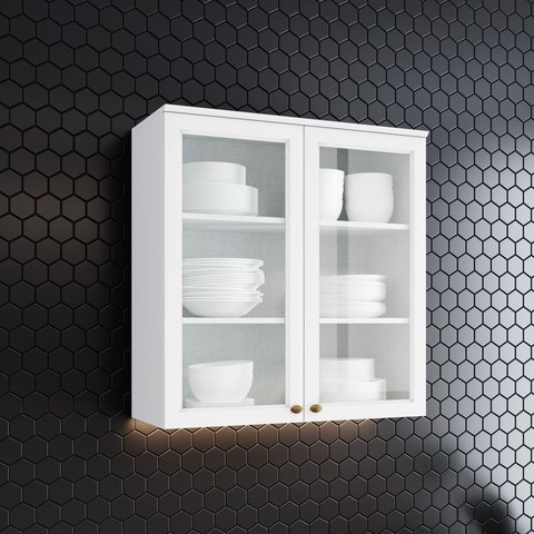 Armário Aéreo 80cm 100% MDF 02 Portas com Vidro Temperado HP Americana Branco
