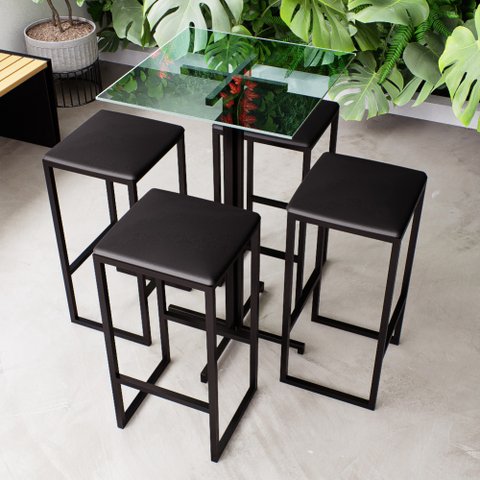 Conjunto Mesa Alta Bar Bistrô Quadrada Vidro 4 Bancos Estofado Don Castro Decor